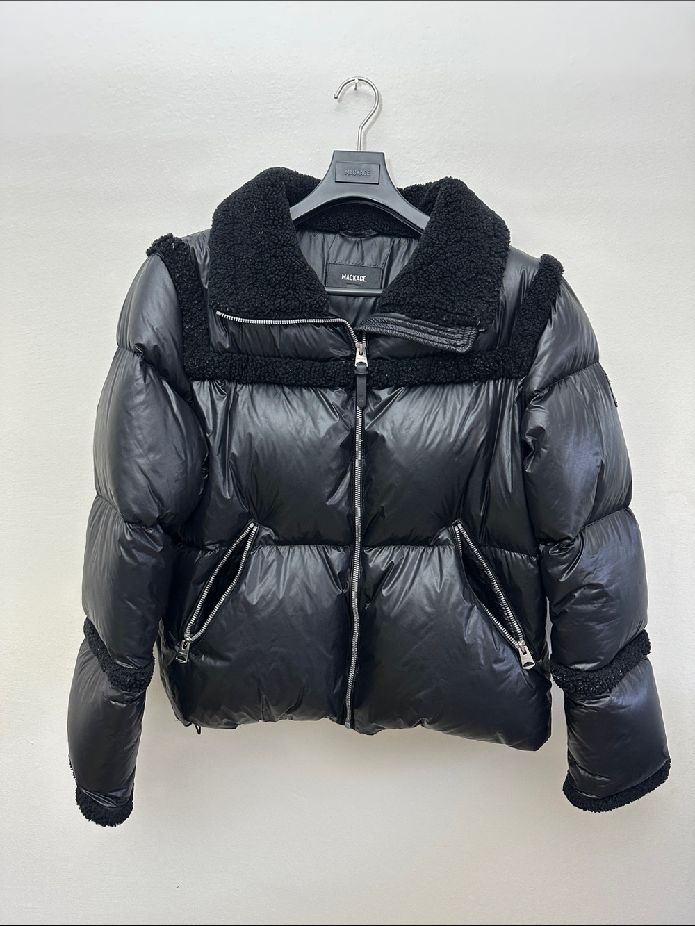 Mackage Black Glossy Puffer Jacket with Sherpa Collar W/Coat Cover, Hat/ hanger